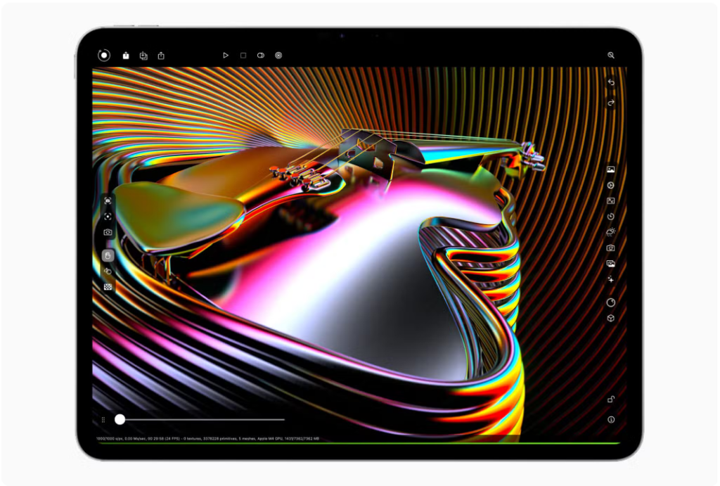 O desempenho de renderização profissional em apps como Octane é turbinado com o chip M4 e, agora, é quatro vezes mais rápido do que no iPad Pro com M2. Imagem: Site oficial Apple.