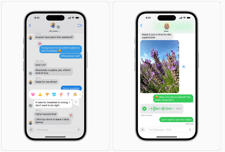 As opções de Tapback foram redesenhadas e permitem reagir com qualquer emoji ou adesivo. O app Mensagens agora é compatível com RCS para conteúdo multimídia e mensagens em grupo mais confiáveis em comparação com SMS e MMS. | Imagem: Site Apple.com