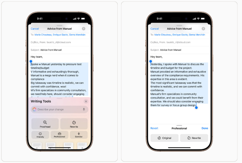 A Apple Intelligence introduz novas maneiras de aprimorar a escrita e se comunicar com mais eficiência. Com as Ferramentas de Escrita, é possível reescrever, revisar e resumir texto em praticamente qualquer lugar do sistema, incluindo Mail, Notas, Pages e apps de terceiros. Imagem: Site Apple.com