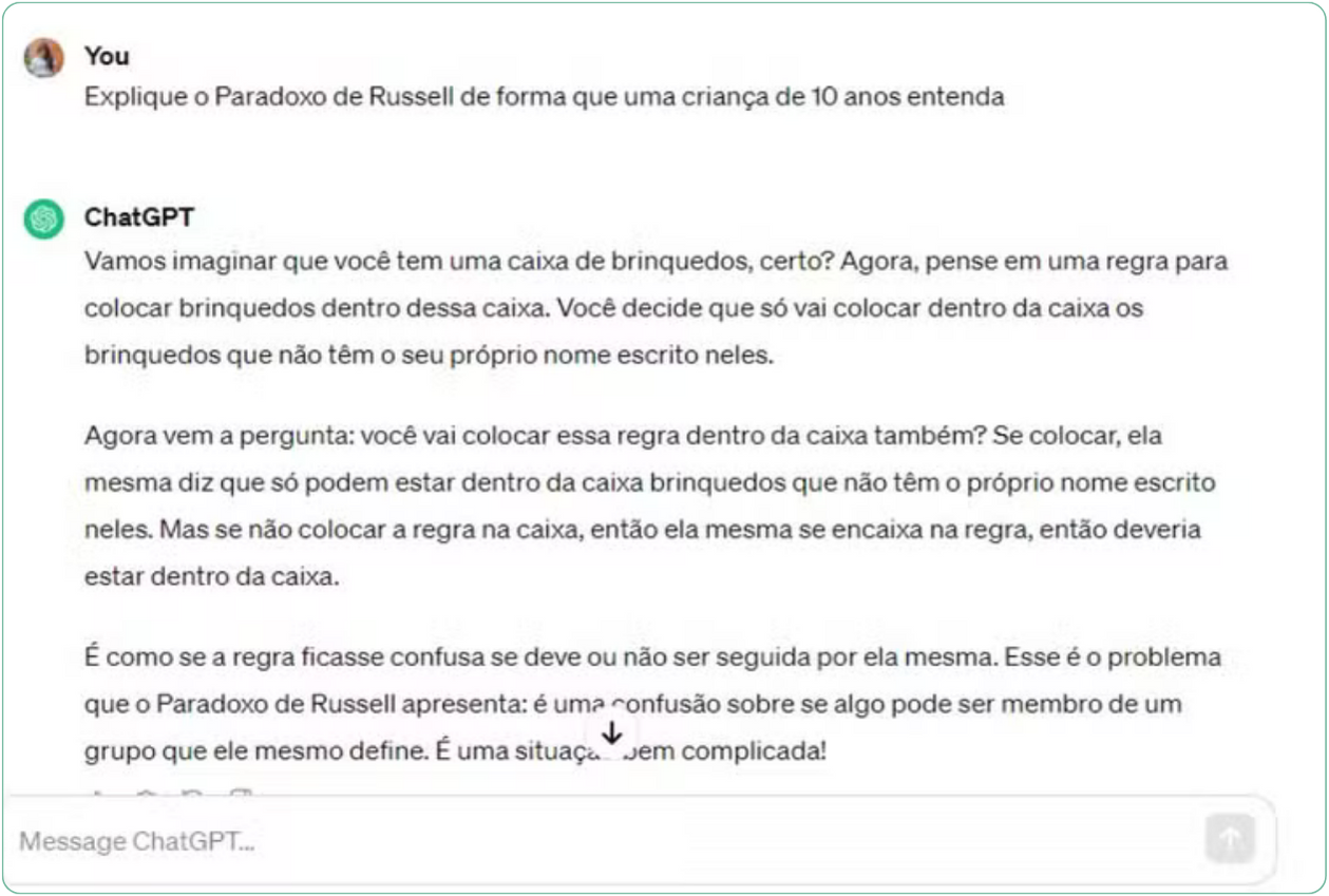 Exemplo 1: Comando textual que solicita a explicação do Paradoxo de Russell — Foto: Reprodução/Millena Borges