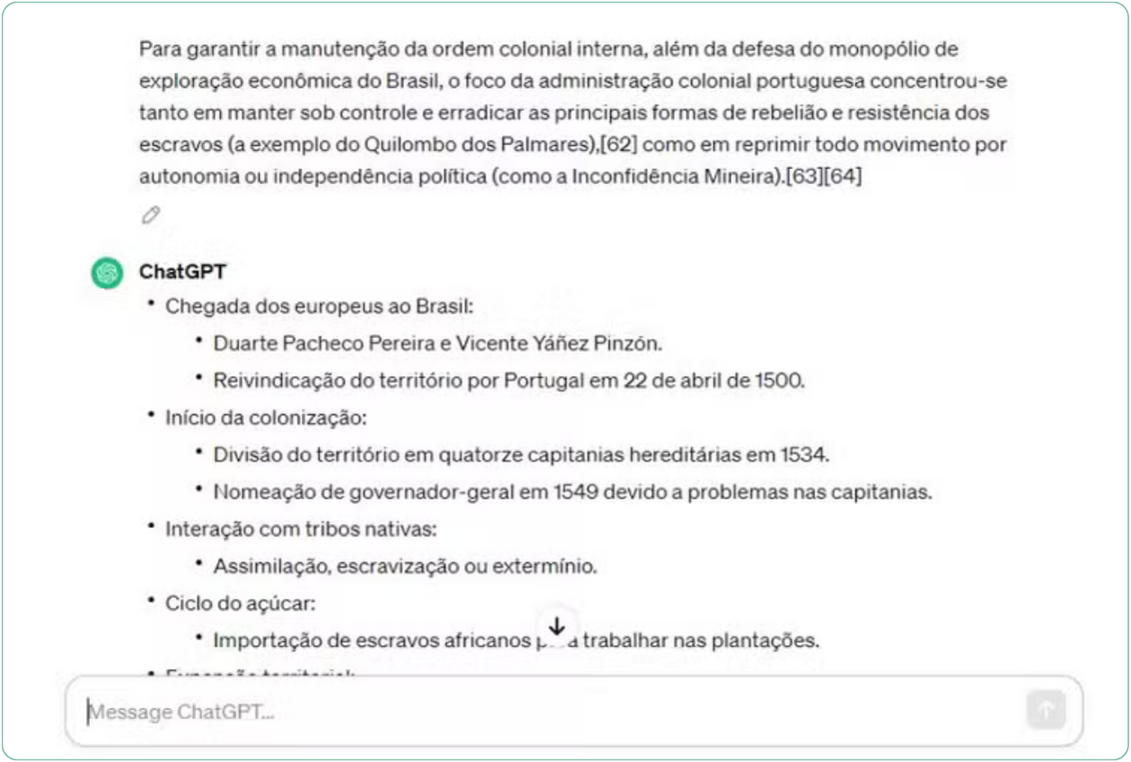 Exemplo 2: Comando textual para solicitar lista de ideais ao ChatGPT — Foto: Reprodução/Millena Borges