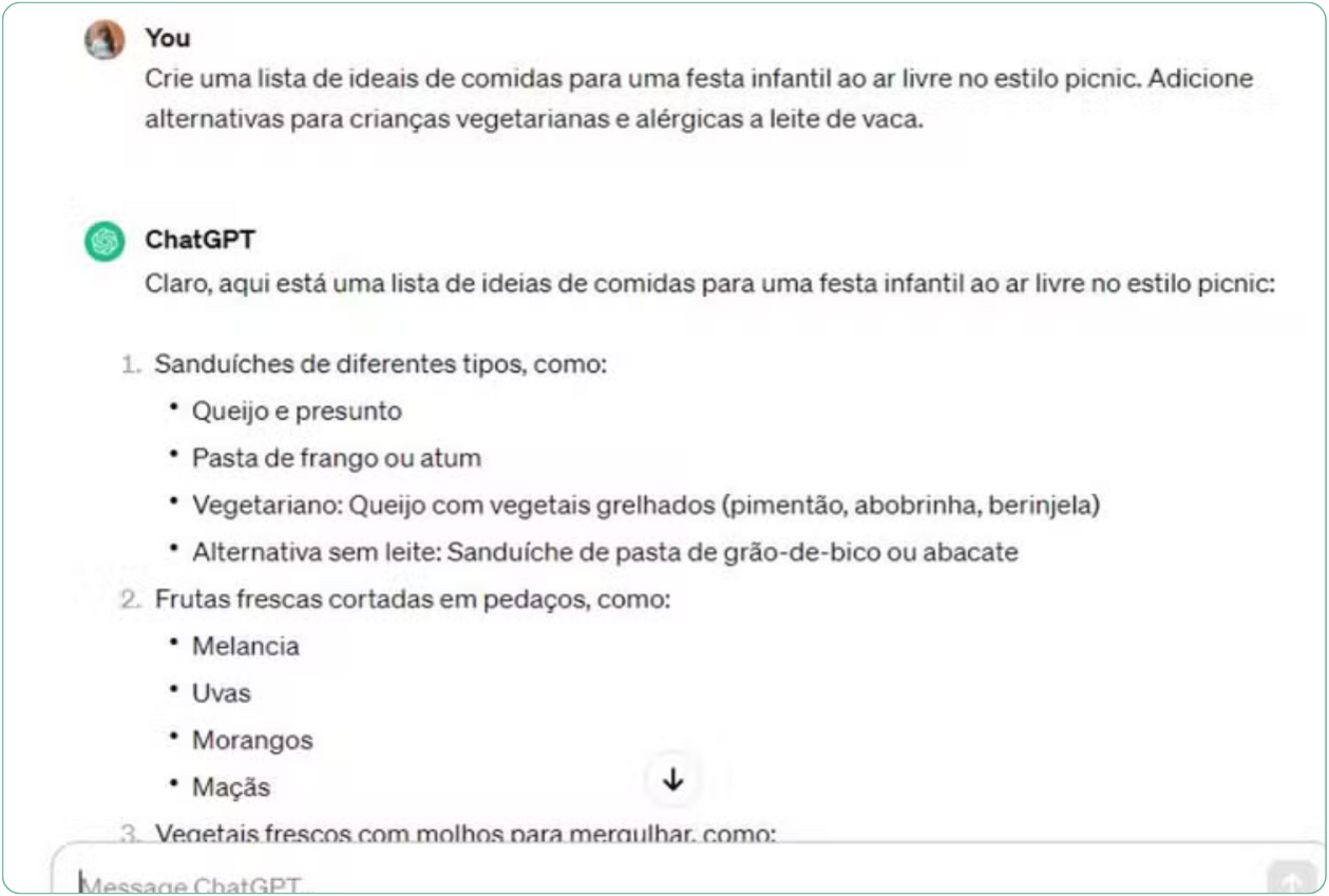 Exemplo 3: Resumo de texto do Wikipedia sobre a colonização do Brasil feito pelo ChatGPT — Foto: Reprodução/Millena Borges