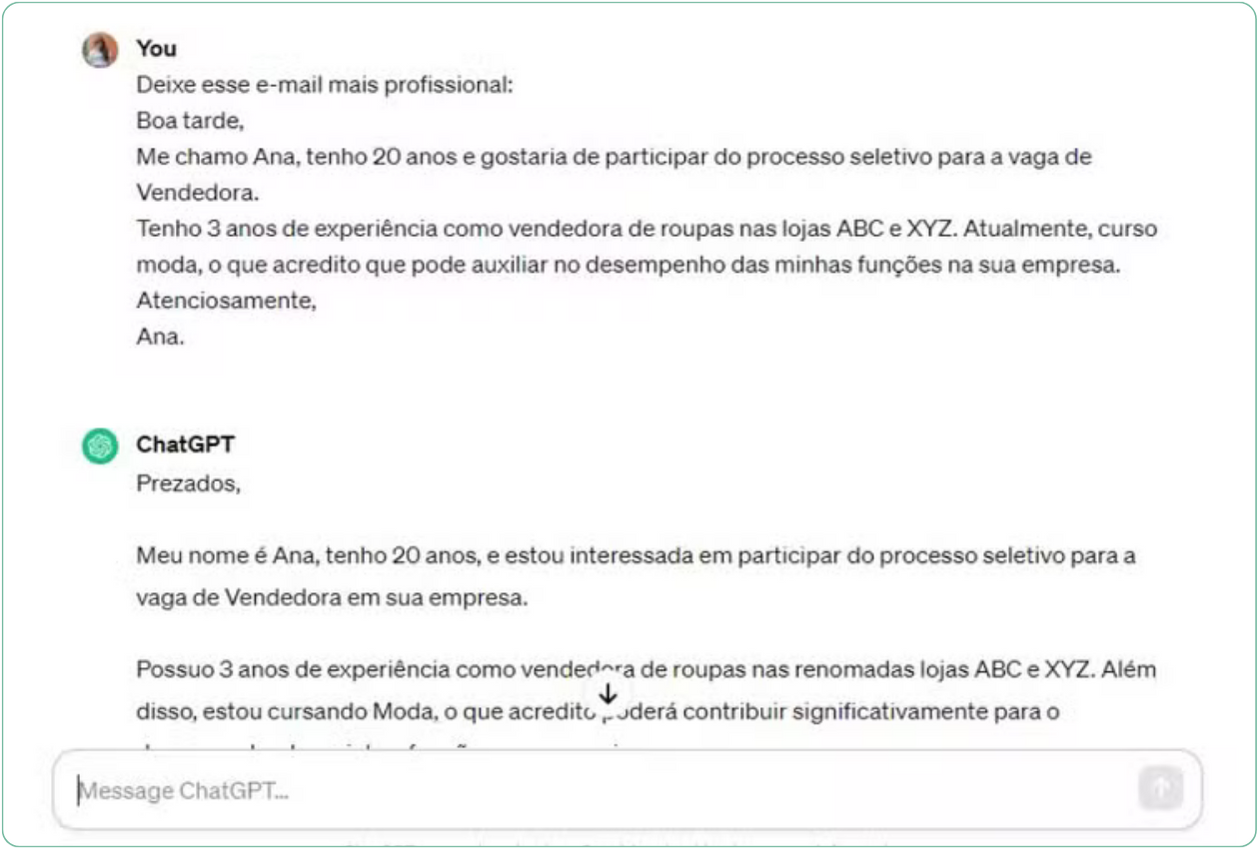 Exemplo 4: Edição de e-mail pelo ChatGPT — Foto: Reprodução/Millena Borges