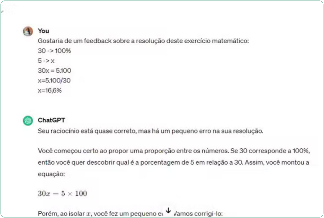 Exemplo 7: Feedback de exercício de matemática no ChatGPT — Foto: Reprodução/Millena Borges