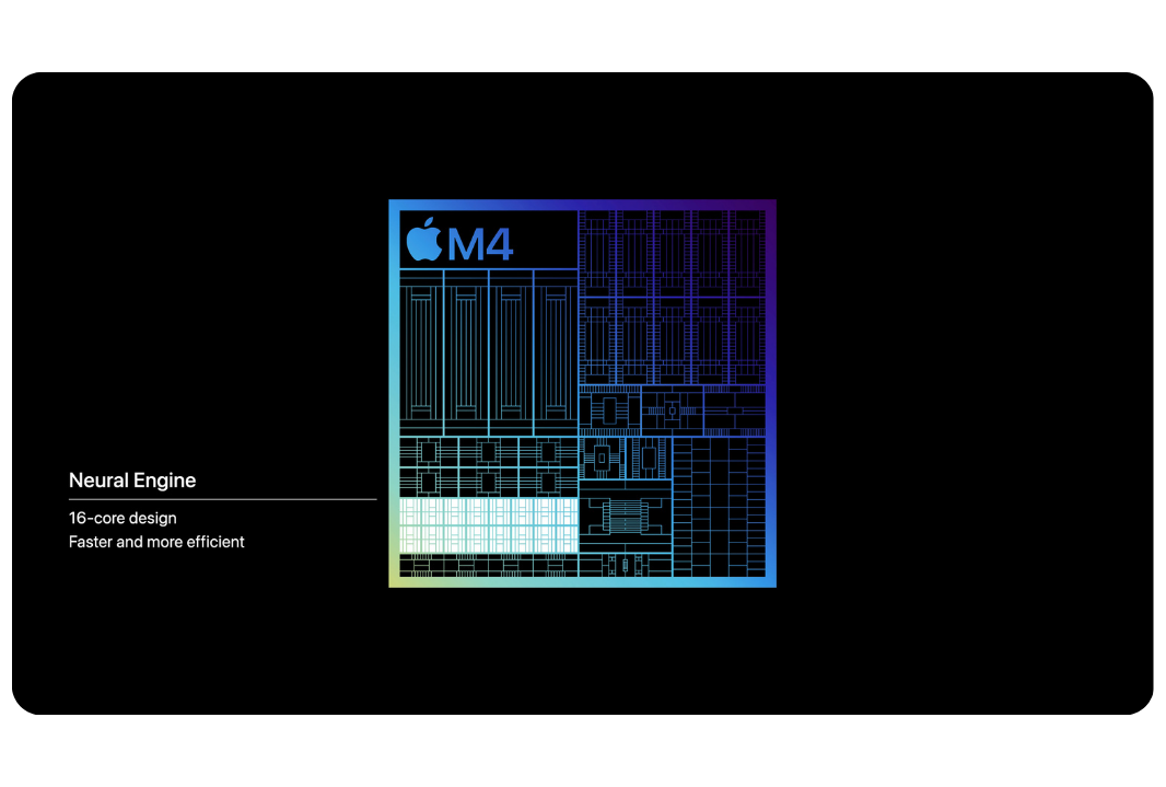 O M4 inclui o Neural Engine mais poderoso da Apple até hoje, capaz de 38 trilhões de operações por segundo — 60 vezes mais rápido do que o primeiro Neural Engine no A11 Bionic. Imagem: Site oficial Apple.